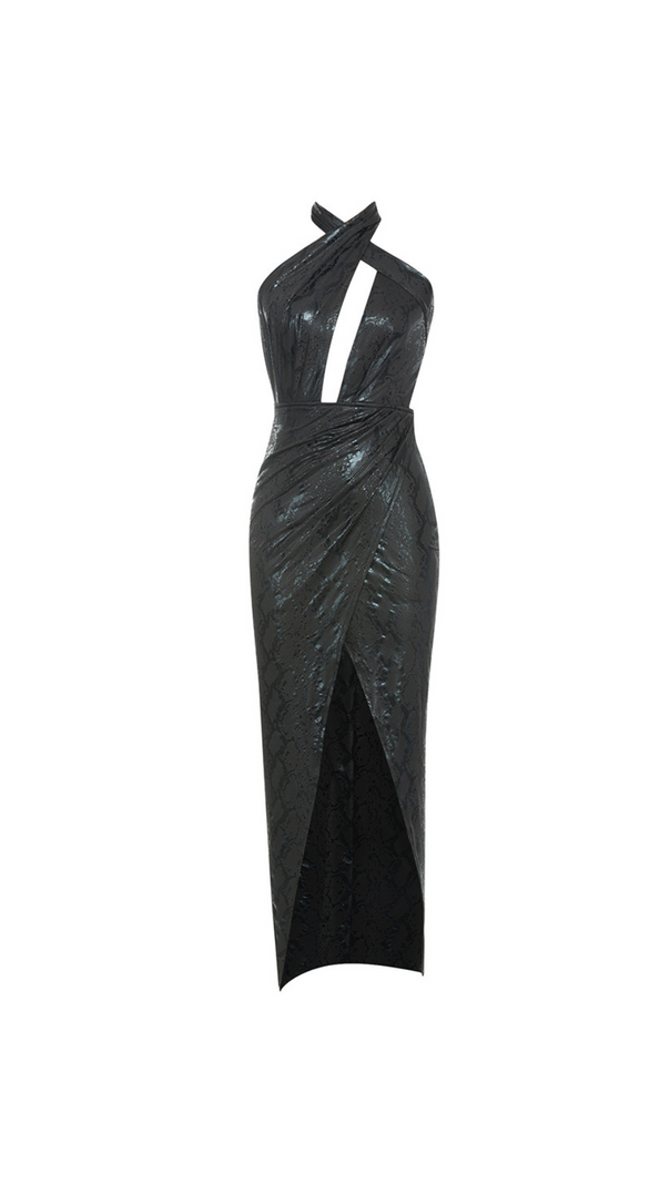 AIIZIE ANIMAL PRINT HALTER DRAPED MIDI DRESS BLACK - product image