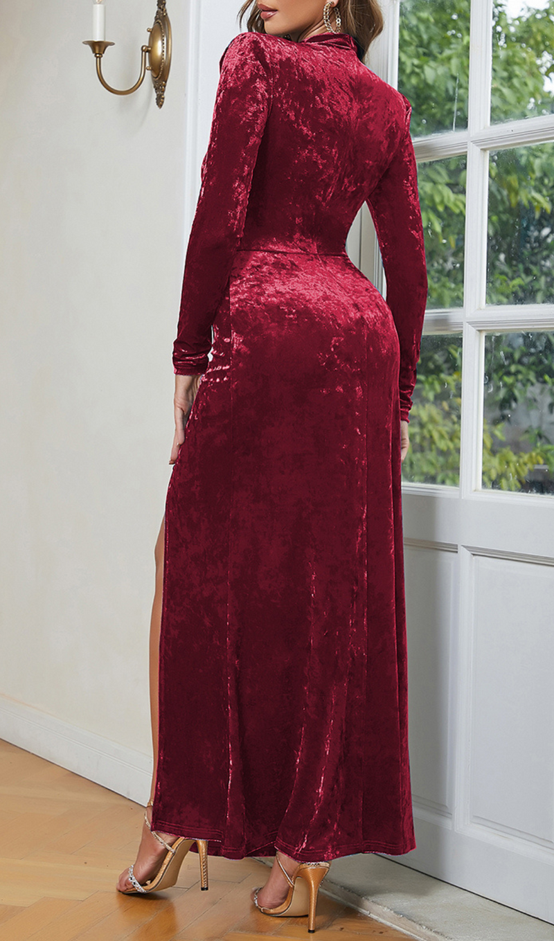 VELVET LONG SLEEVE HOLLOW WAIST MAXI DRESS