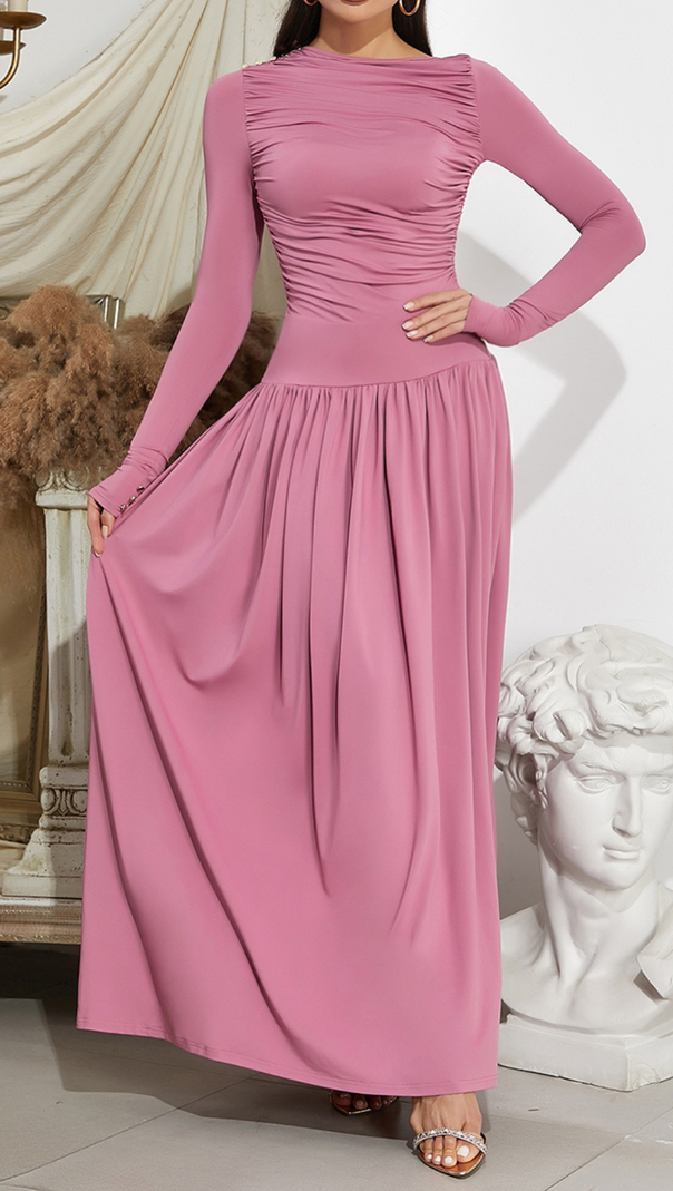LANGÄRMELIGES, FLIEßENDES MAXIKLEID MIT RÜSCHEN 