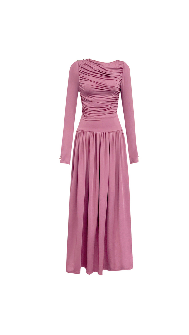 LANGÄRMELIGES, FLIEßENDES MAXIKLEID MIT RÜSCHEN 