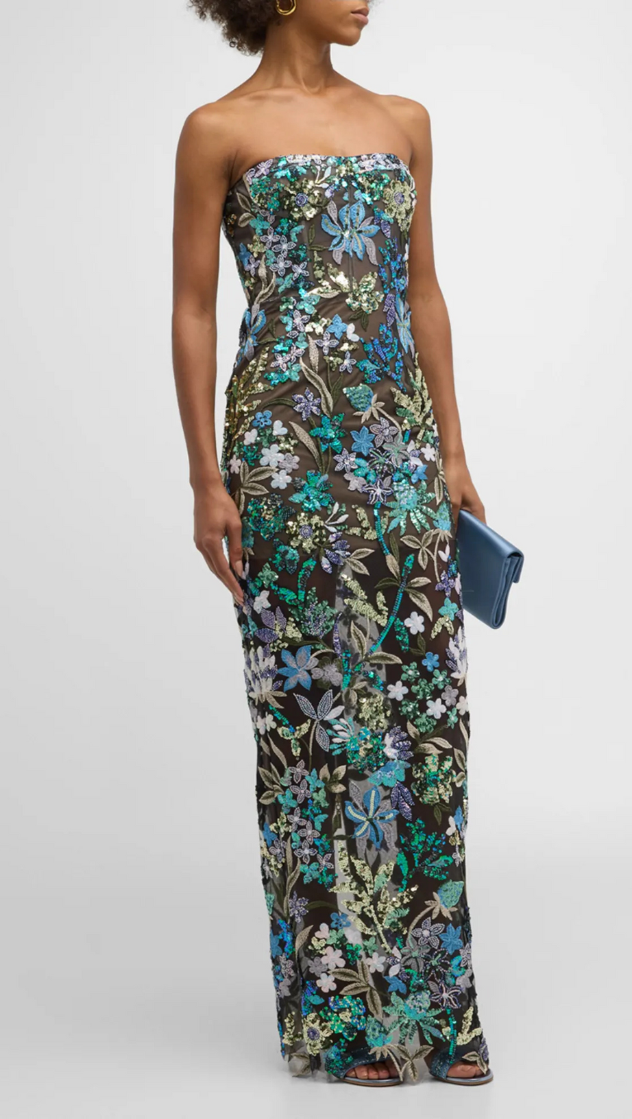 STRAPLESS FLORAL-EMBELLISHED COLUMN GOWN