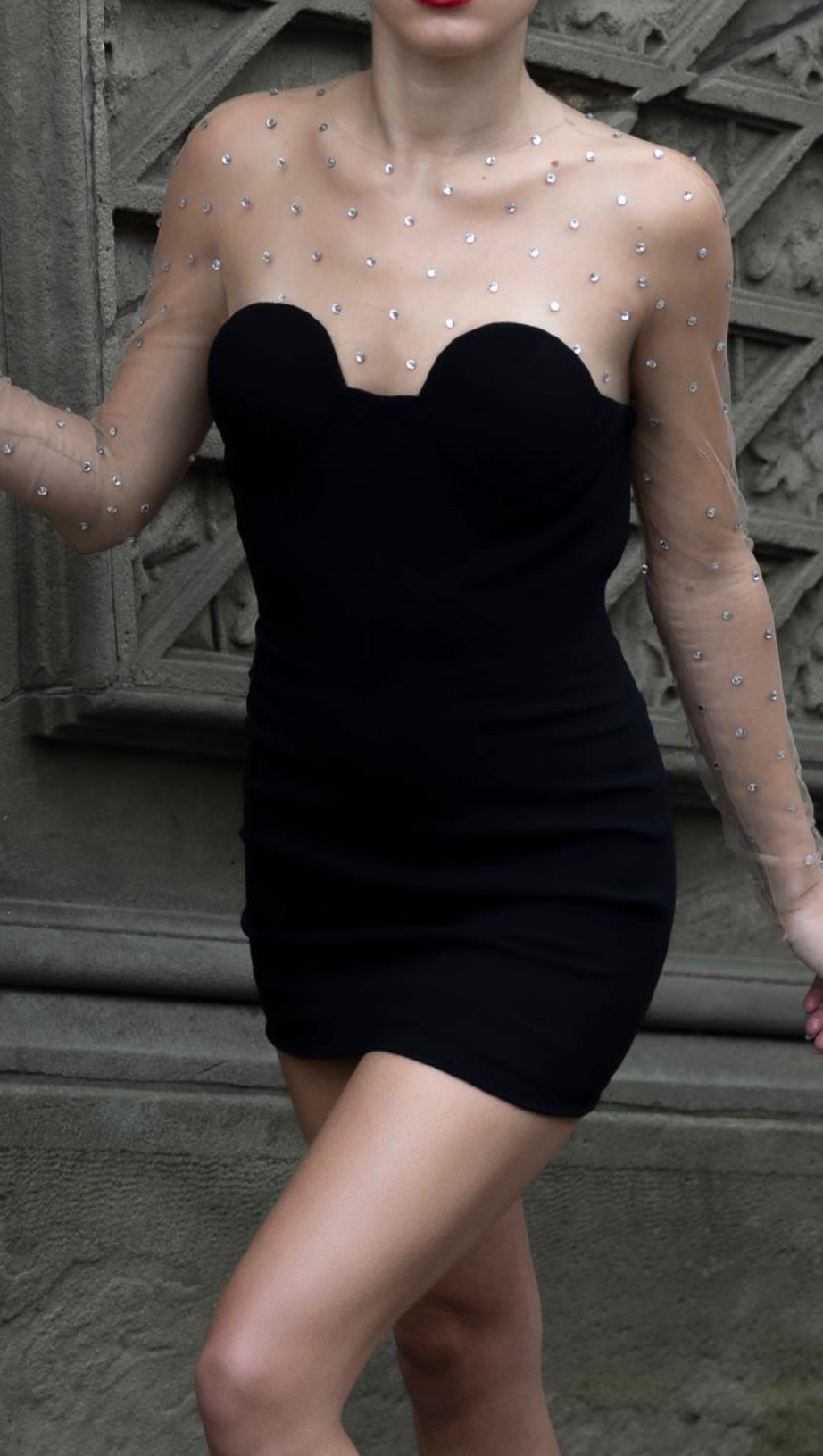 LONG SLEEVE CRYSTAL MESH DRESS BLACK