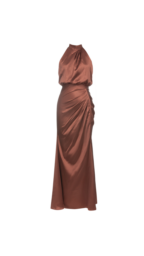 AIIZIE HALTER NECK RUCHED SATIN PROM DRESS - product image