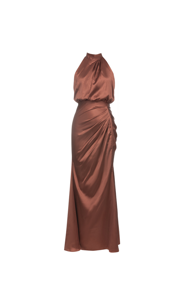 HALTER NECK RUCHED SATIN PROM DRESS