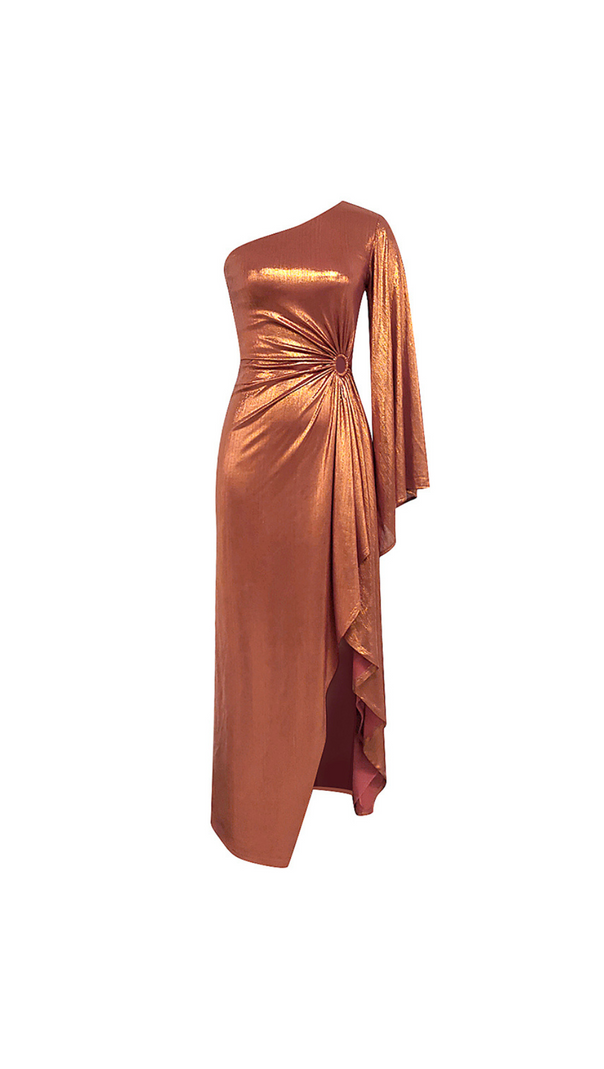 AIIZIE DIAGONAL SHOULDER ASYMMETRICAL SLEEVE SLIT RUFFLED DRESS - product image