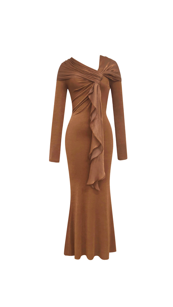 AIIZIE PLEATED STREAMER WRAP HIP FISHTAIL DRESS - product image