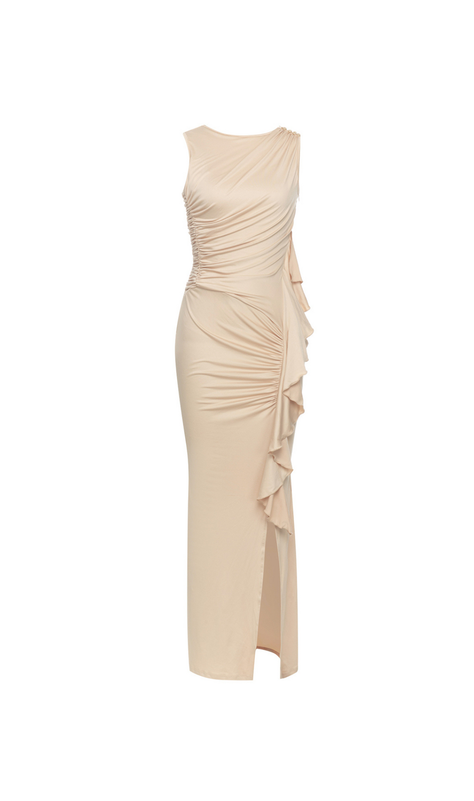 Gerafftes, figurbetontes Maxikleid mit Schlitz 