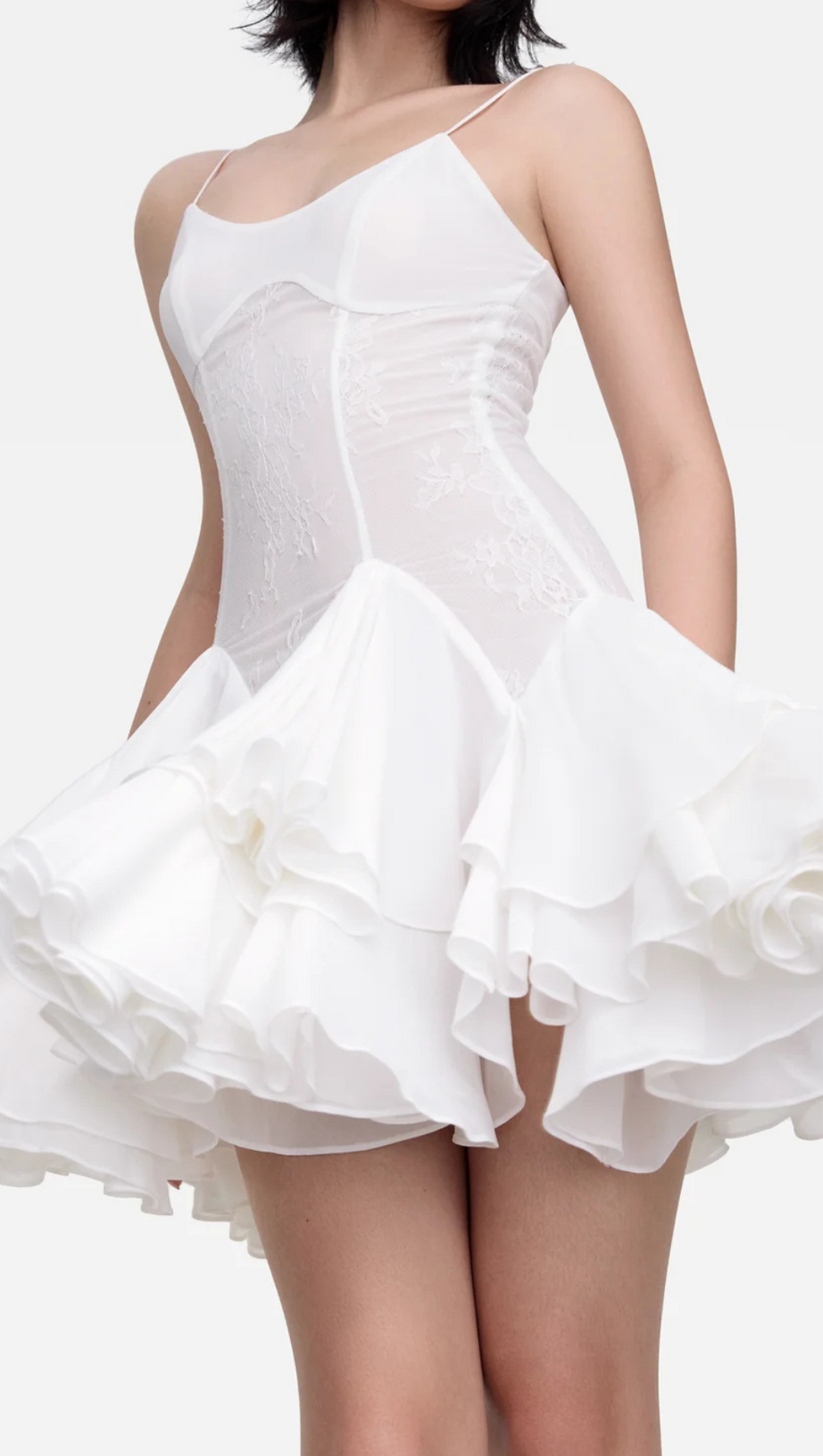 SPAGHETTI STRAPS RUFFLE MINI DRESS