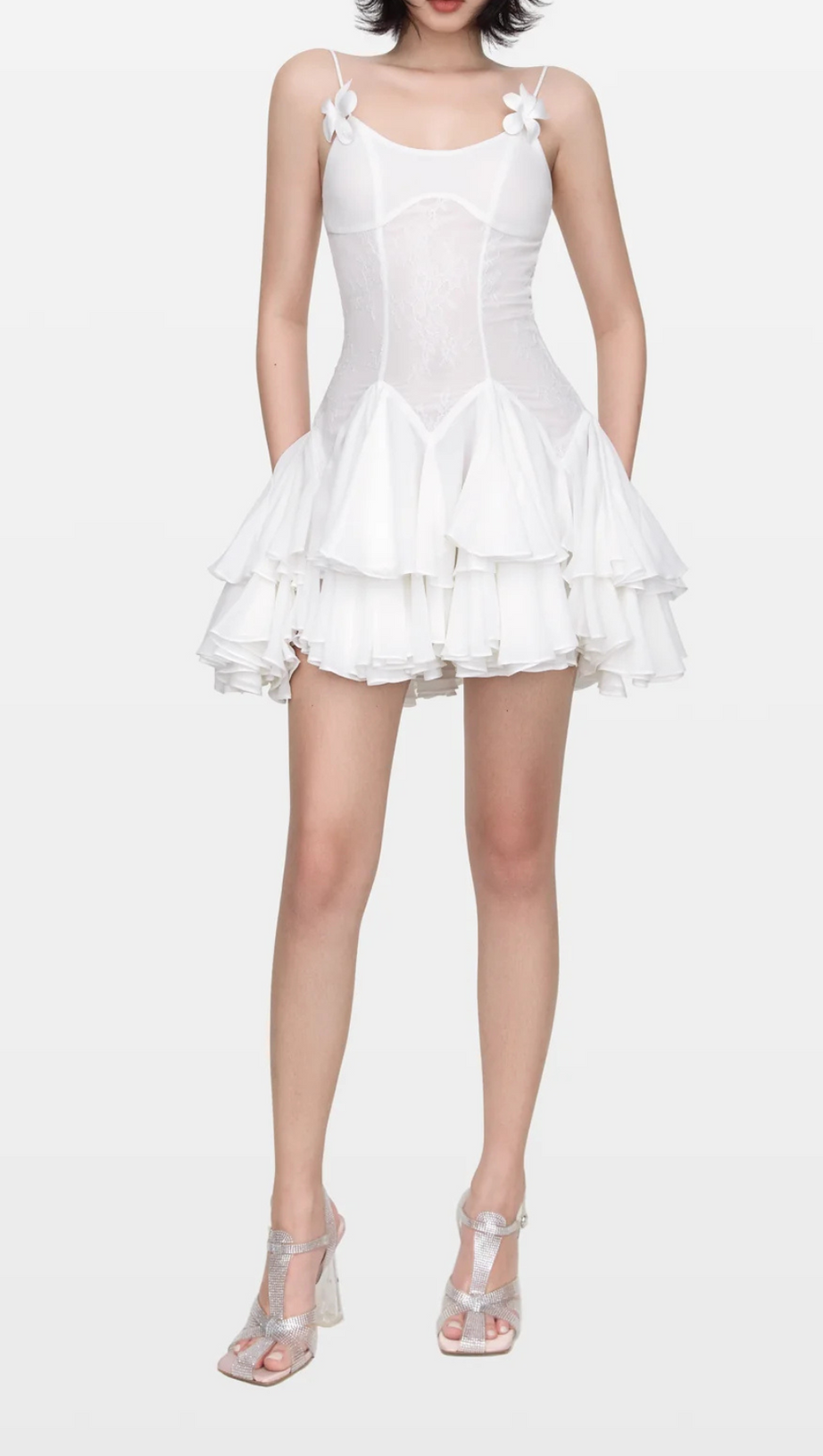 SPAGHETTI STRAPS RUFFLE MINI DRESS