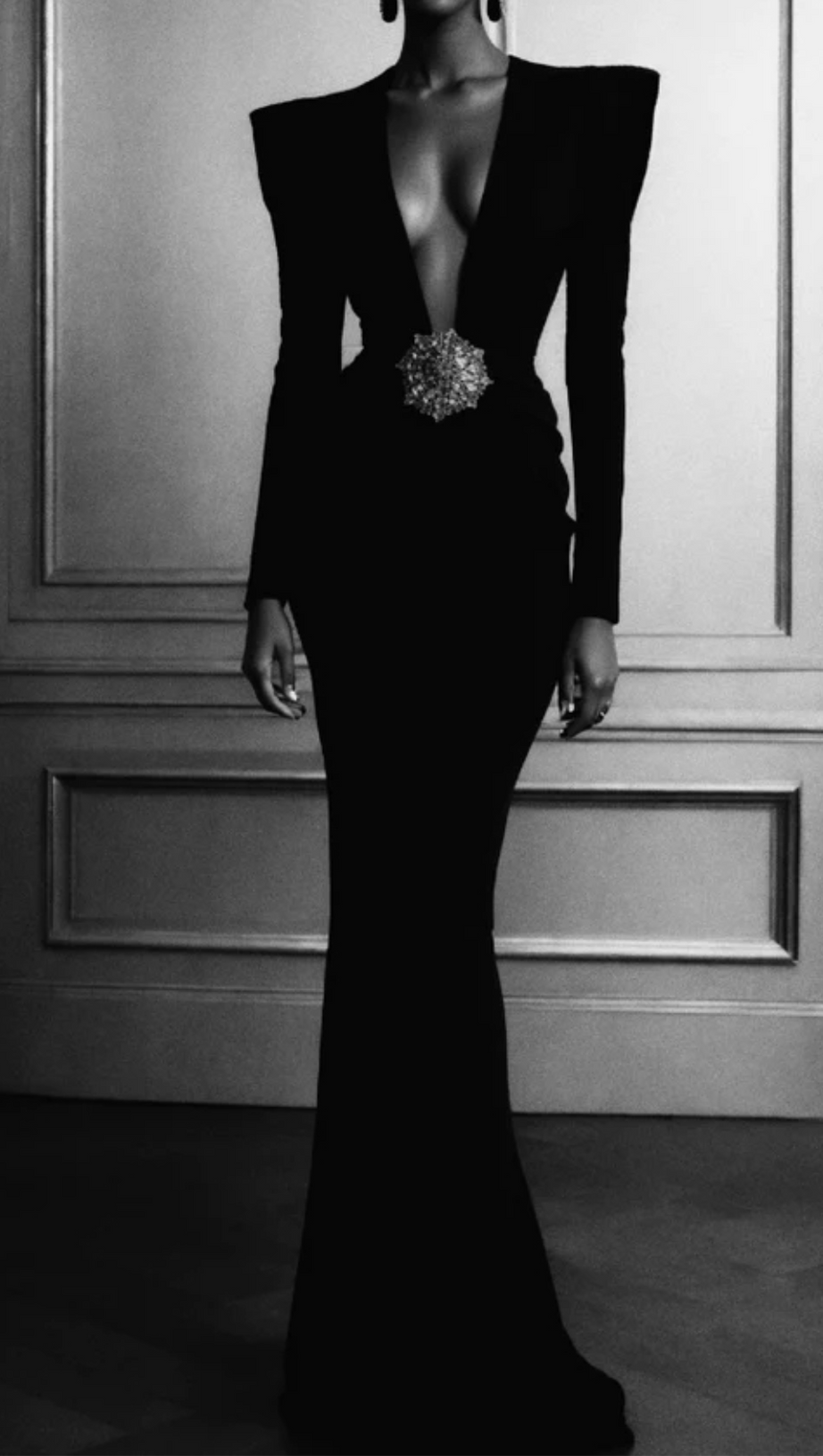 FLORAL-EMBELLISHED CRÊPE MAXI DRESS IN BLACK