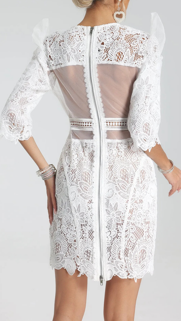 AIIZIE MIDI SLEEVE HALF BACKLESS SHORT WHITE GUIPURE DRESS - product image