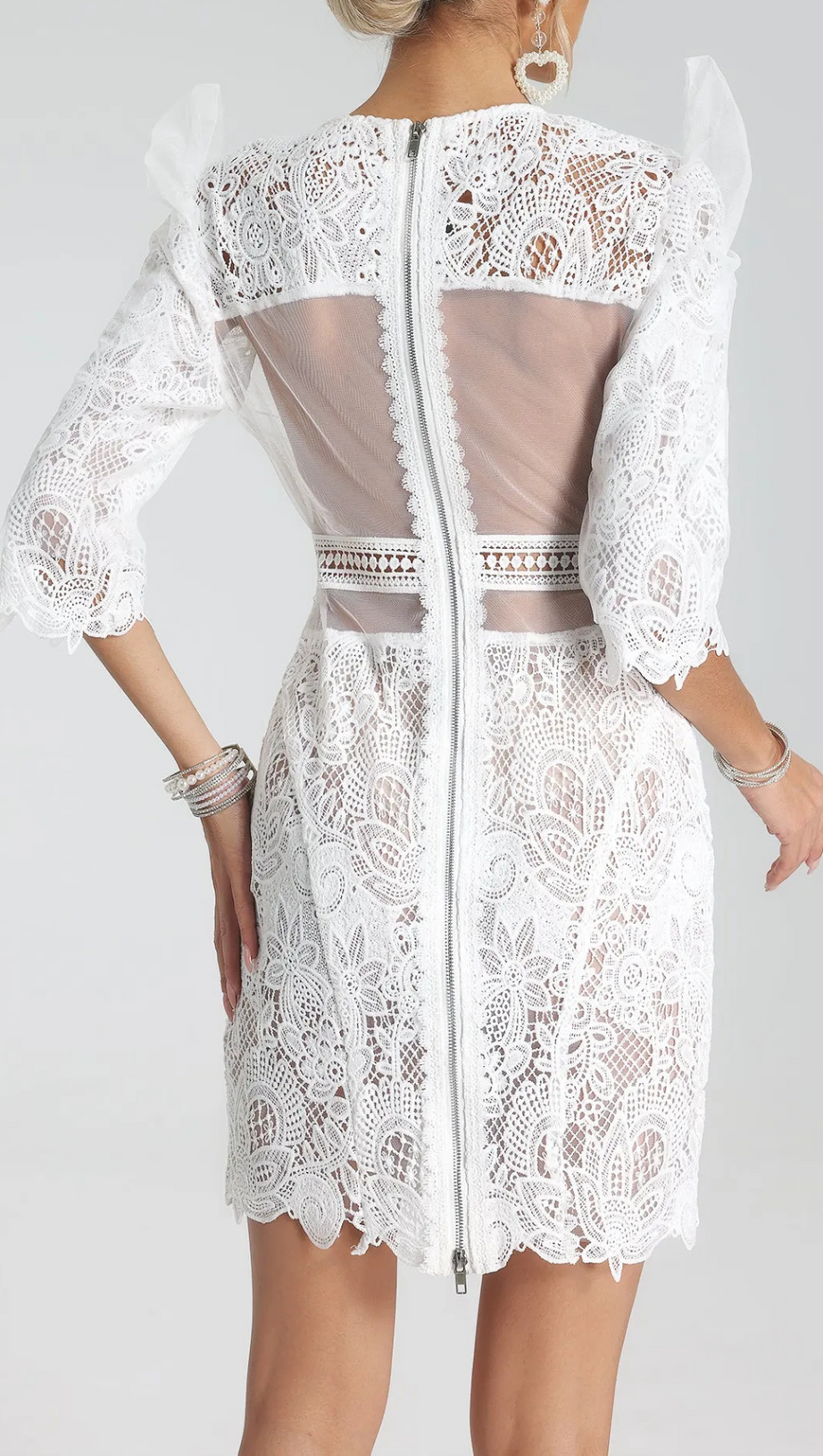 MIDI SLEEVE HALF BACKLESS SHORT WHITE GUIPURE DRESS