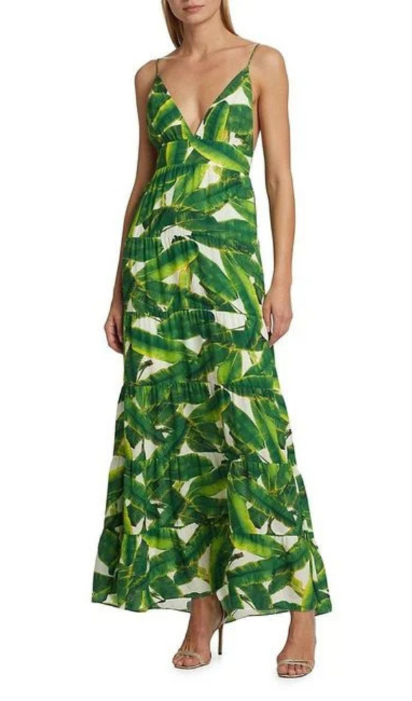 LEAF-PRINT STRAP MAXI DRESS