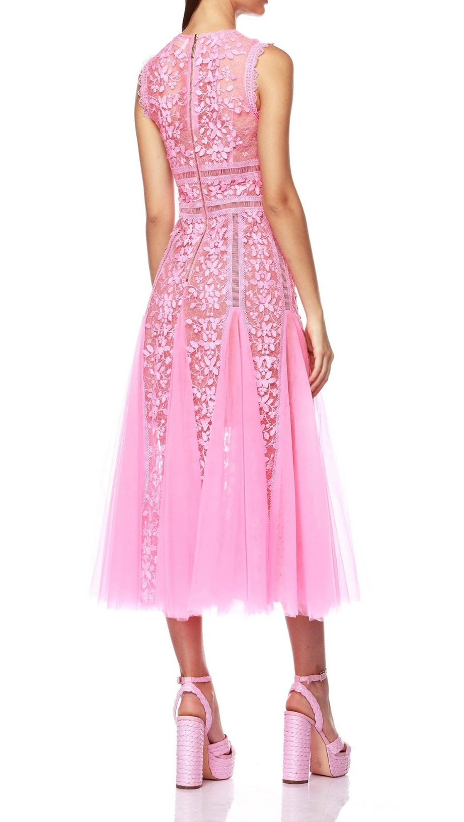 HEATHER EMBROIDERED LACE MIDI DRESS IN PINK