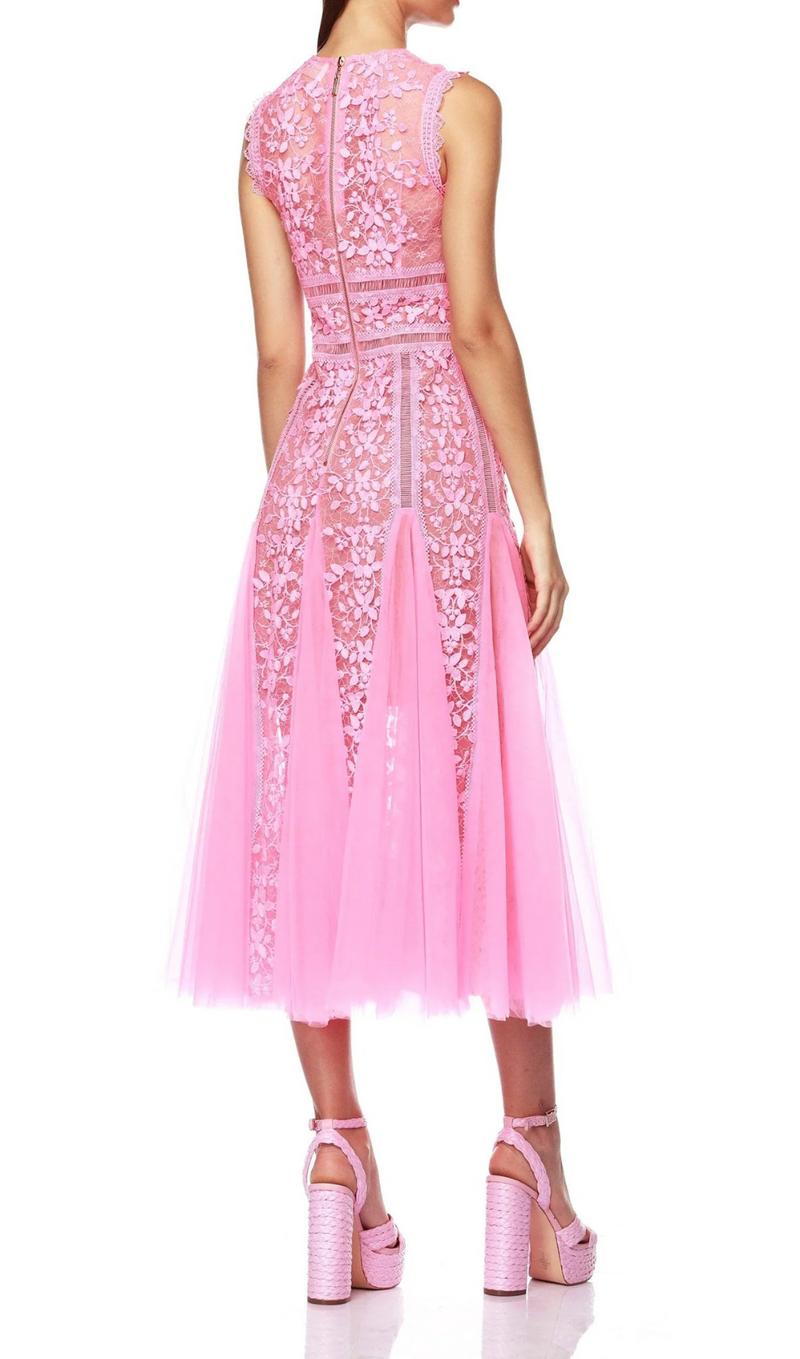 HEATHER EMBROIDERED LACE MIDI DRESS IN PINK