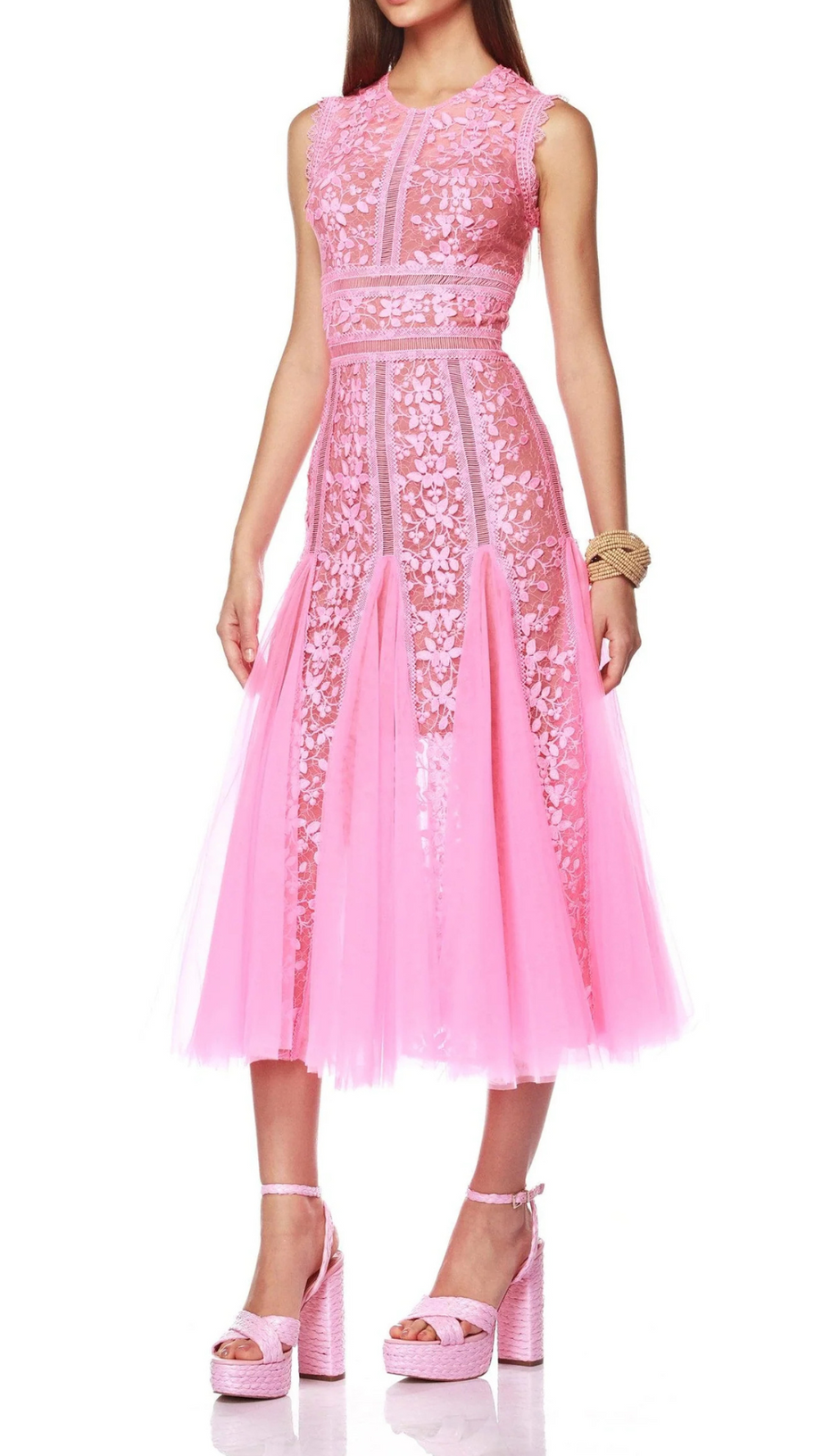 HEATHER EMBROIDERED LACE MIDI DRESS IN PINK