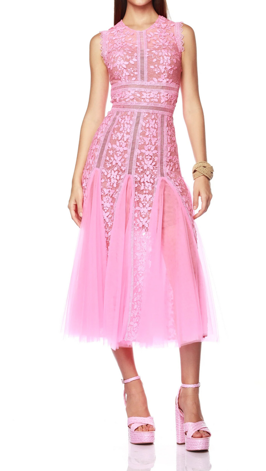 HEATHER EMBROIDERED LACE MIDI DRESS IN PINK