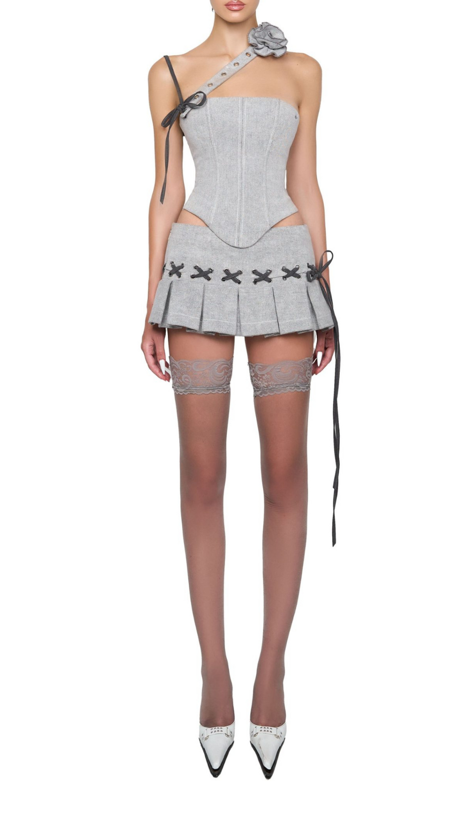 ASYMMETRICAL CROP TOP MINI PLEATED SKIRT