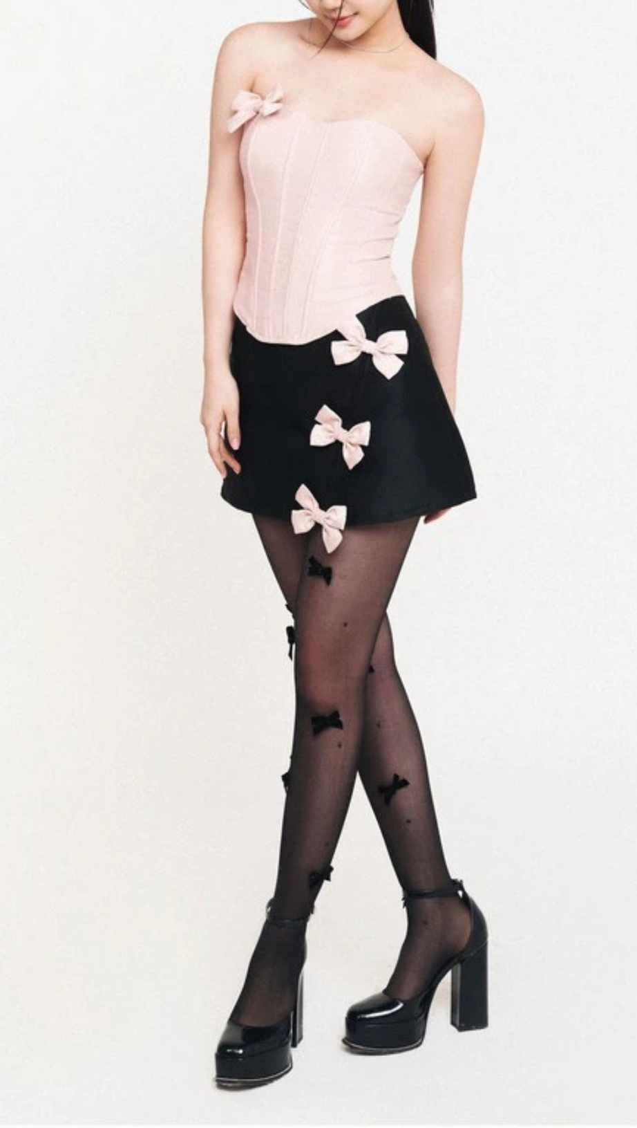 STRAPLESS CROP TOP WITH BOW EMBELLISHED SKIRT