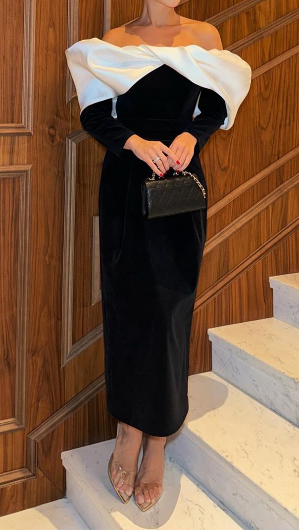 AIIZIE LONG SLEEVE PUFF BARDOT MIDI DRESS BLACK WHITE - product image