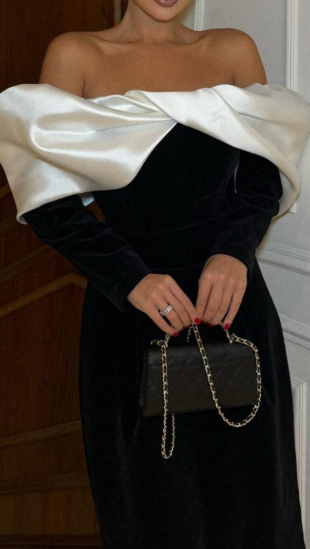 AIIZIE LONG SLEEVE PUFF BARDOT MIDI DRESS BLACK WHITE - product image