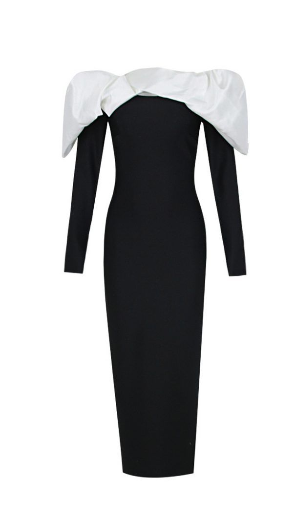 AIIZIE LONG SLEEVE PUFF BARDOT MIDI DRESS BLACK WHITE - product image