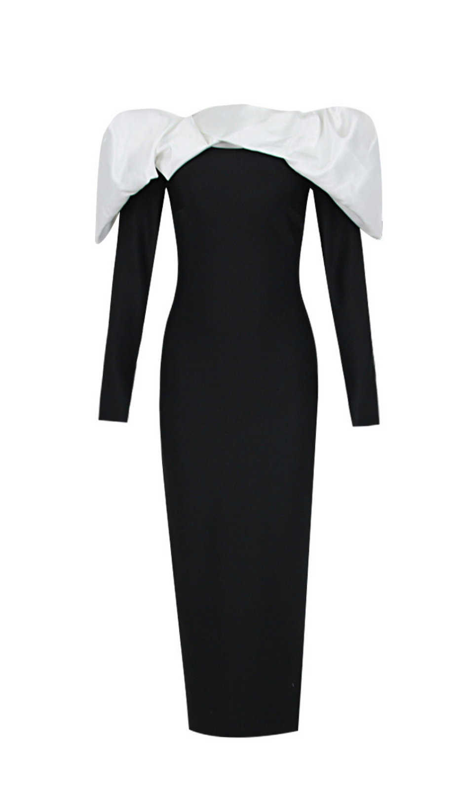 LONG SLEEVE PUFF BARDOT MIDI DRESS BLACK WHITE