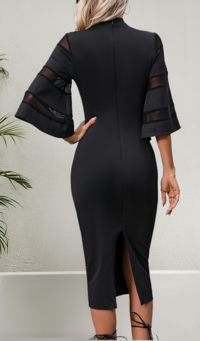 MESH SLEEVE SPLIT HEM FITTED DRESS