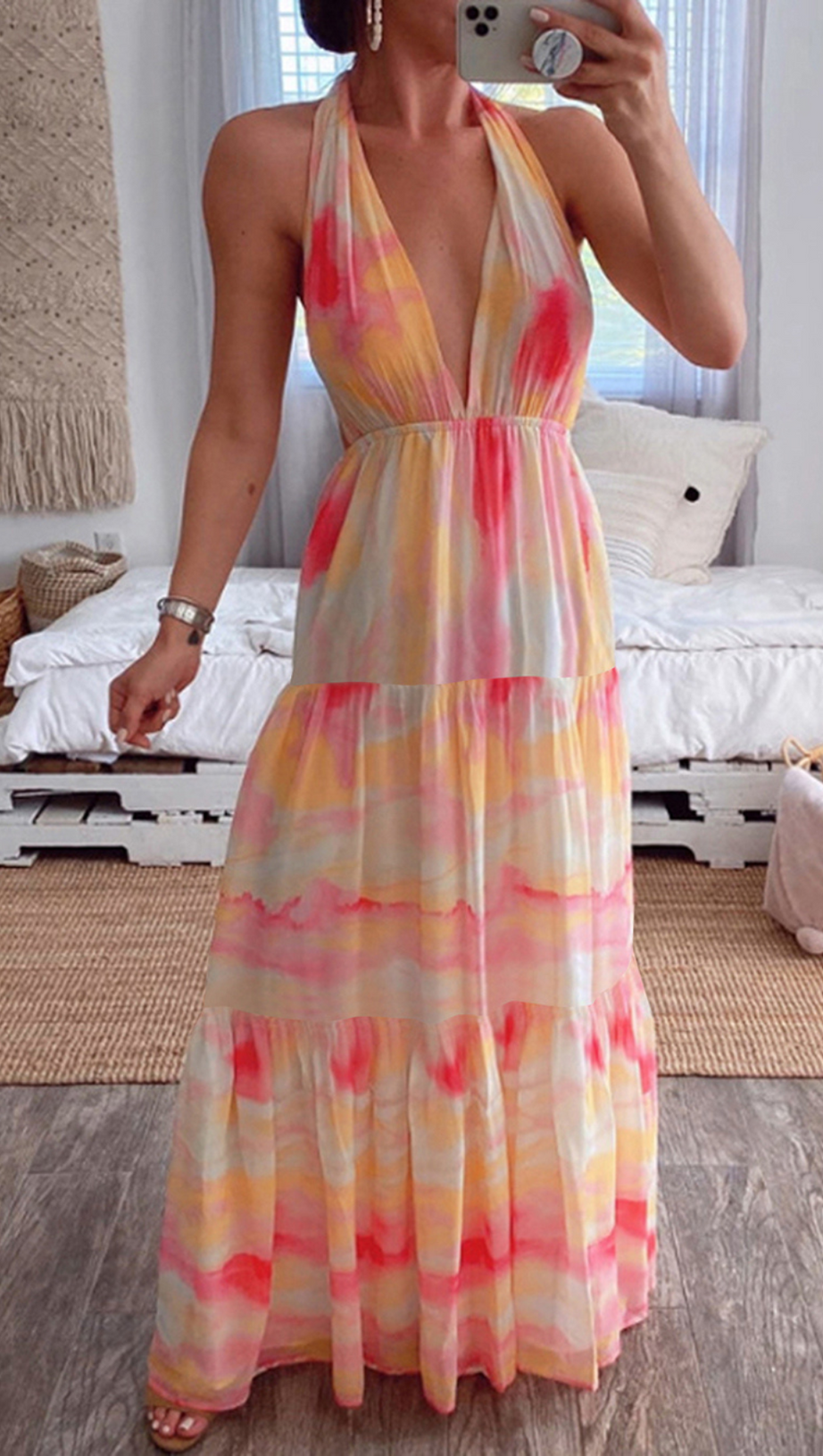 ABITO LUNGO CON STAMPA FLOREALE E CRAVATTA 