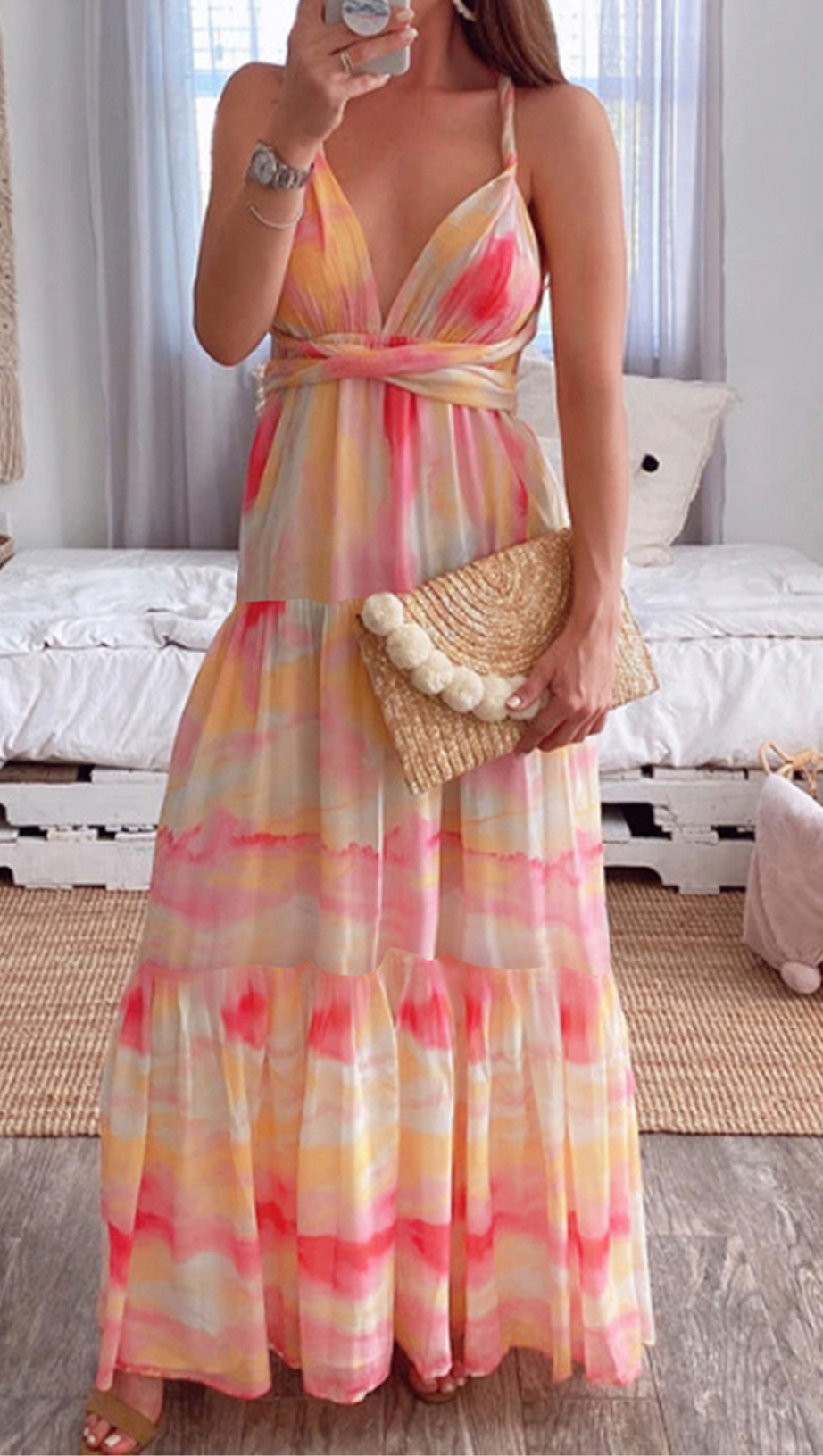 ABITO LUNGO CON STAMPA FLOREALE E CRAVATTA 