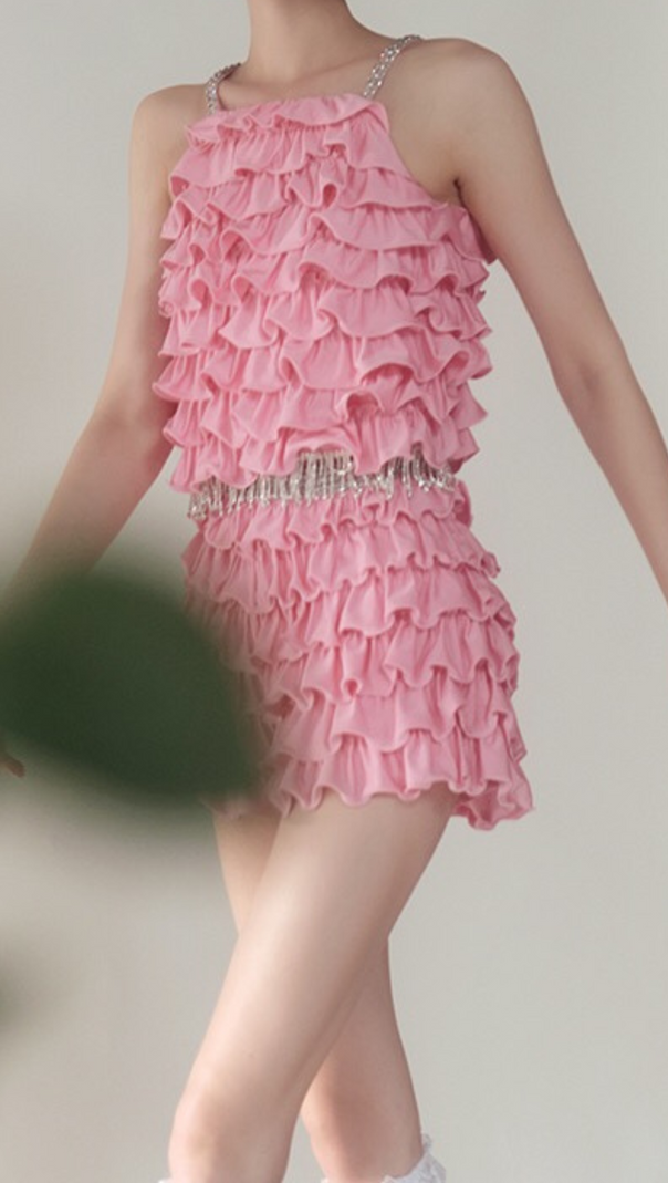AIIZIE RUFFLE EMBELLISHED SHORTS TOP SET IN PINK - product image