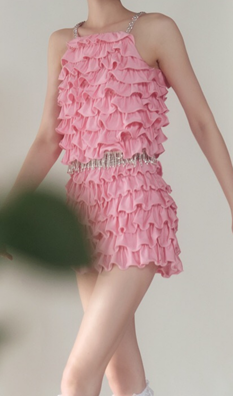 RUFFLE EMBELLISHED SHORTS TOP SET IN PINK