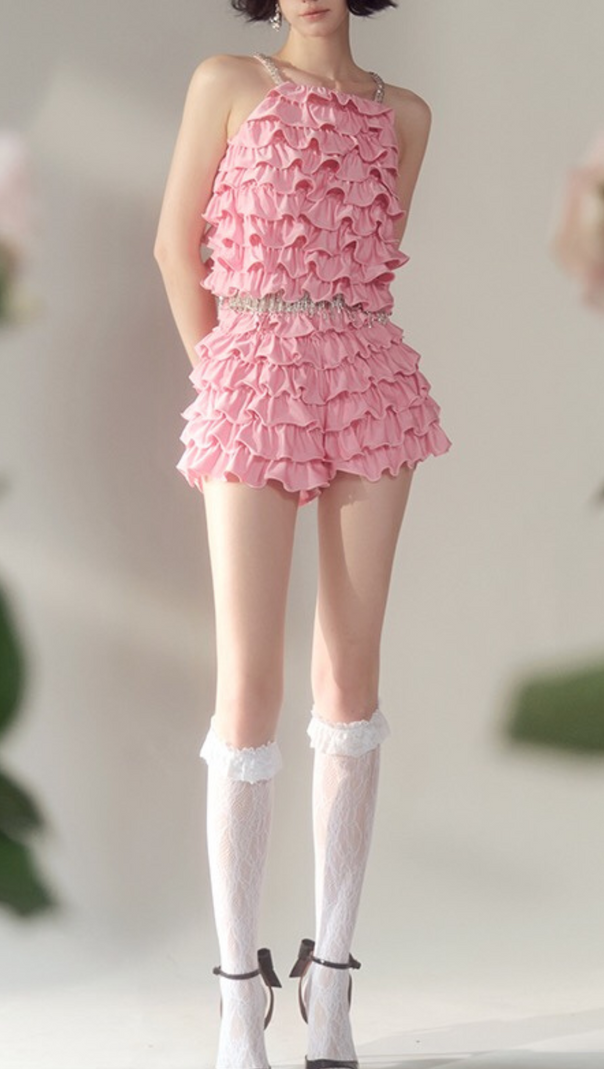 AIIZIE RUFFLE EMBELLISHED SHORTS TOP SET IN PINK - product image