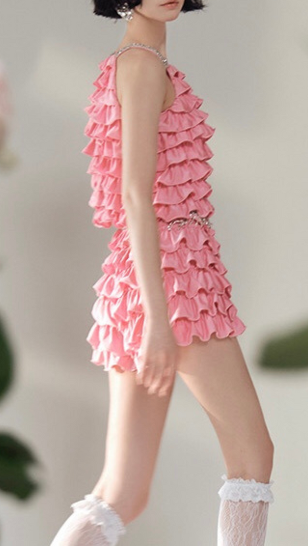 AIIZIE RUFFLE EMBELLISHED SHORTS TOP SET IN PINK - product image