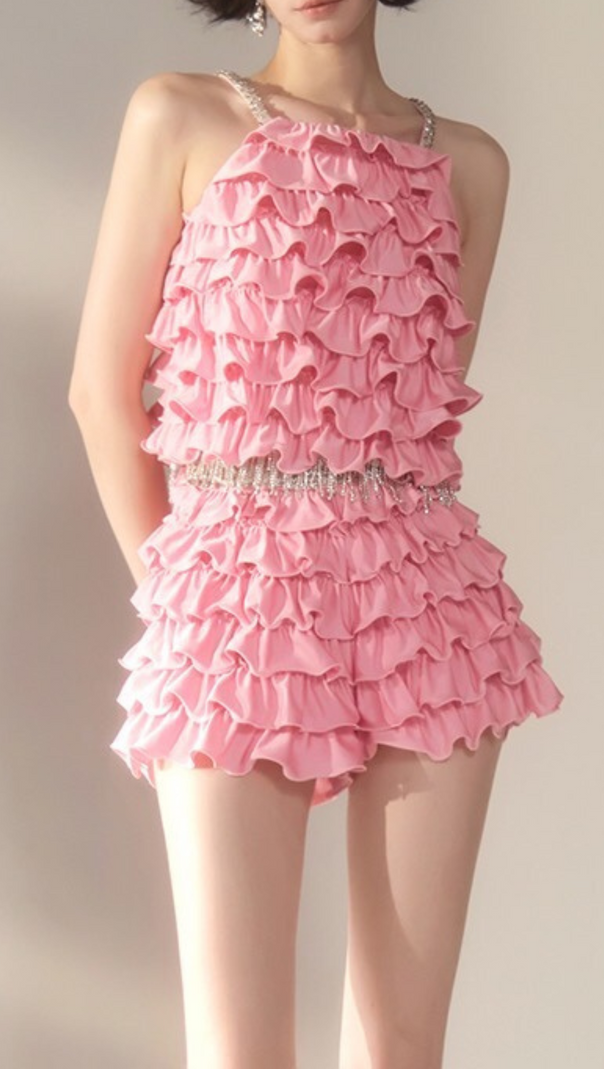 AIIZIE RUFFLE EMBELLISHED SHORTS TOP SET IN PINK - product image