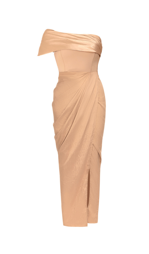 DRAPED RUCHED ONE SHOULDER MIDI DRESS