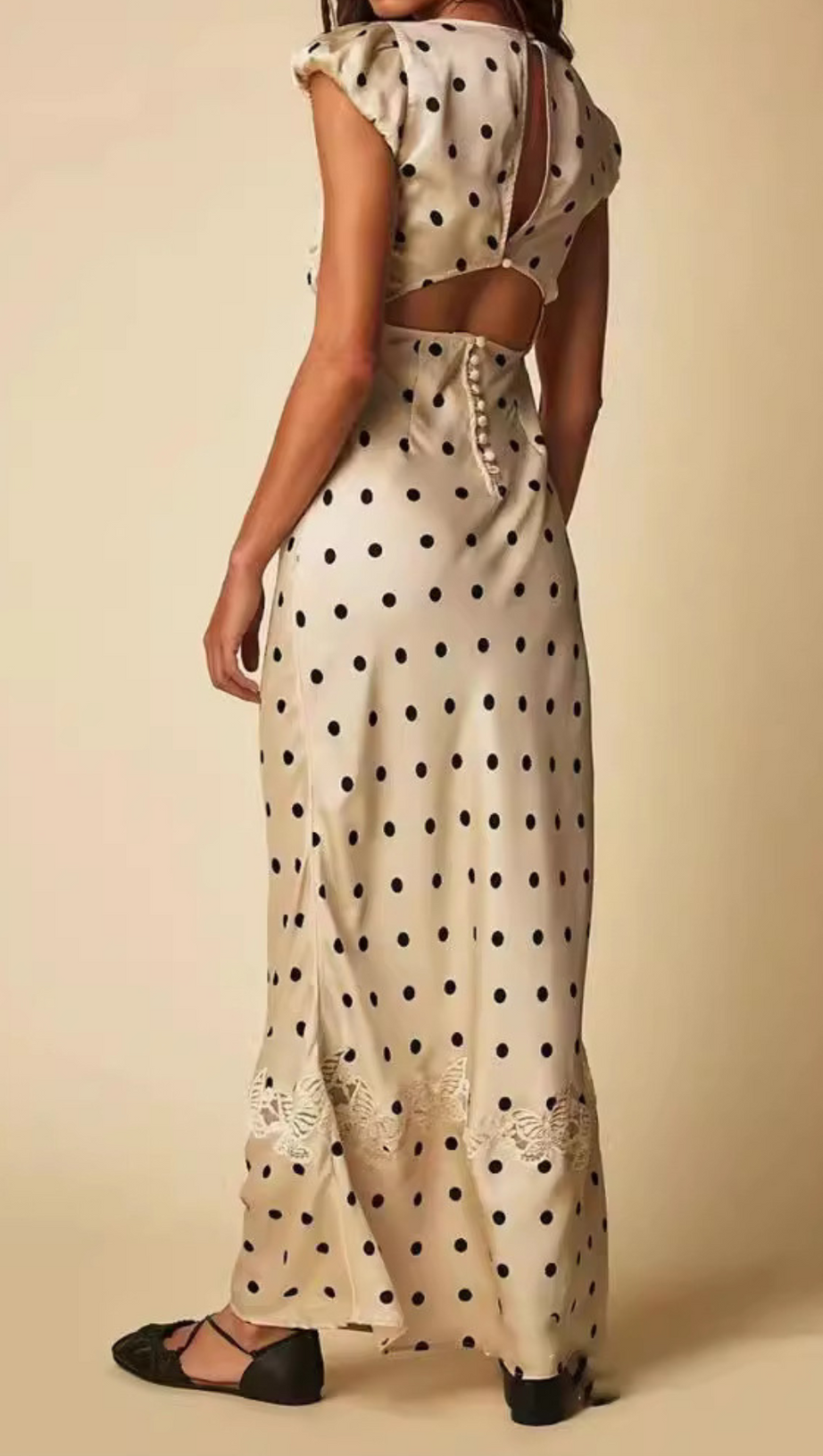 BUTTERFLY EMBELLISHED POLKA DOT CUTOUT MAXI DRESS