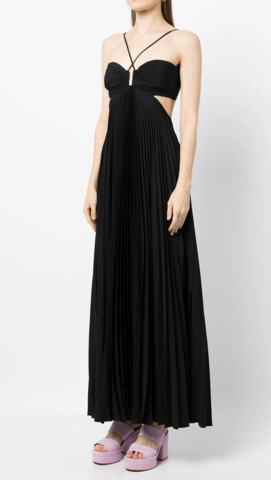 STRAP CUTOUT PLEATED MIDI DRESS