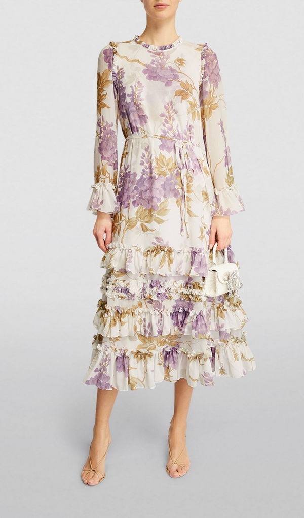 CHIFFON WISTERIA PRINTED MIDI DRESS