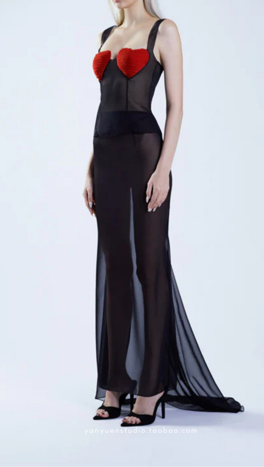 HEART SHAPE EMBELLISHED FISHTAIL MAXI DRESS