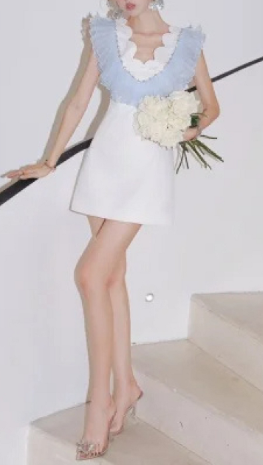 RUFFLE BEADING V-NECK MINI DRESS