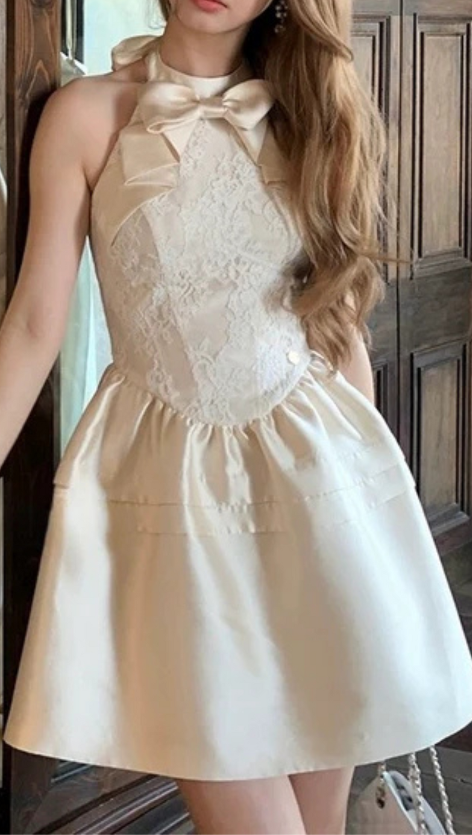 BOW EMBELLISHED LACE PATCHWORK MINI DRESS