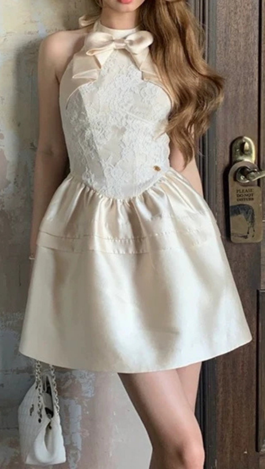 BOW EMBELLISHED LACE PATCHWORK MINI DRESS