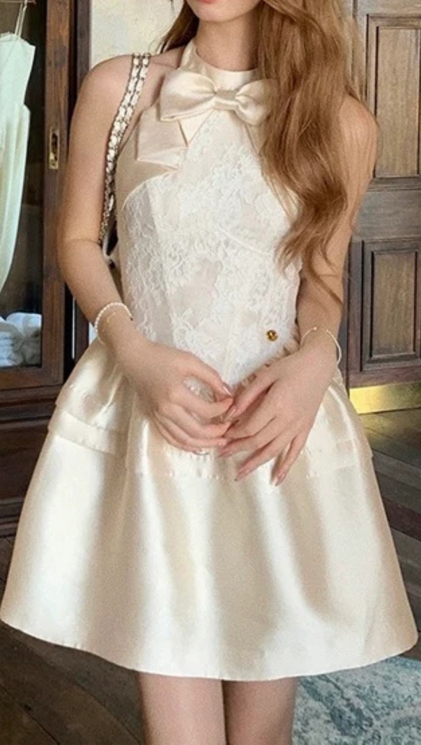 AIIZIE BOW EMBELLISHED LACE PATCHWORK MINI DRESS - product image