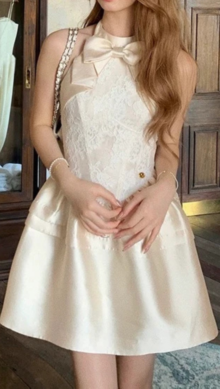 BOW EMBELLISHED LACE PATCHWORK MINI DRESS