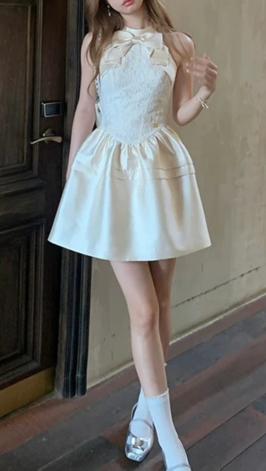 BOW EMBELLISHED LACE PATCHWORK MINI DRESS