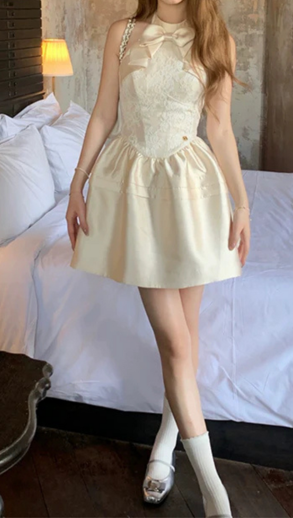 AIIZIE BOW EMBELLISHED LACE PATCHWORK MINI DRESS - product image