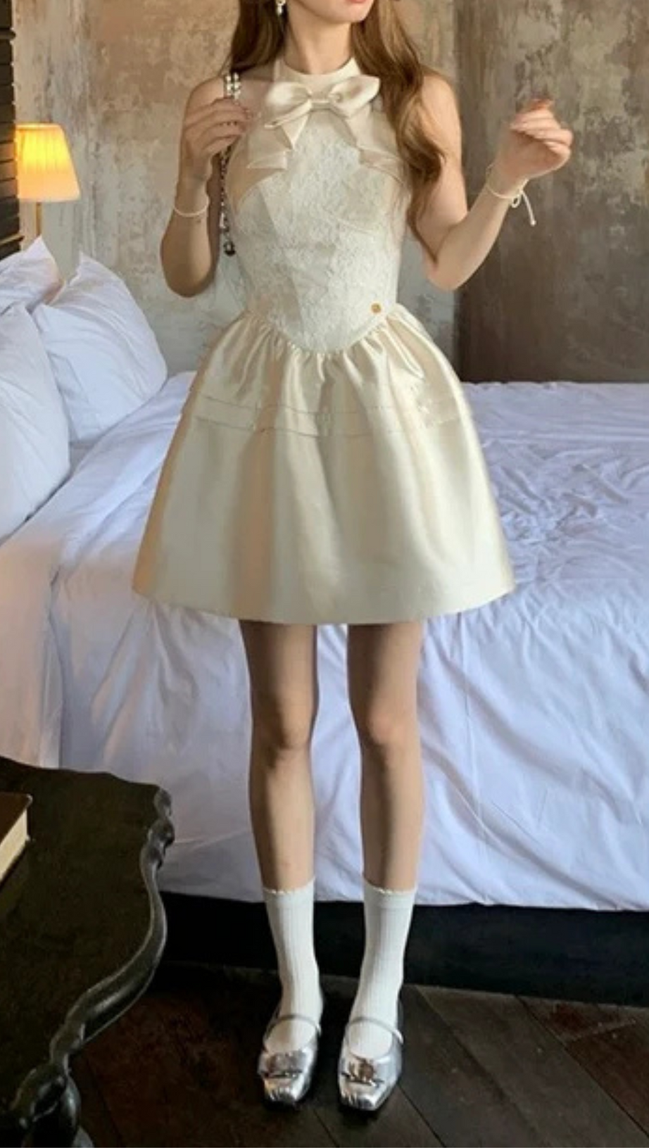 BOW EMBELLISHED LACE PATCHWORK MINI DRESS