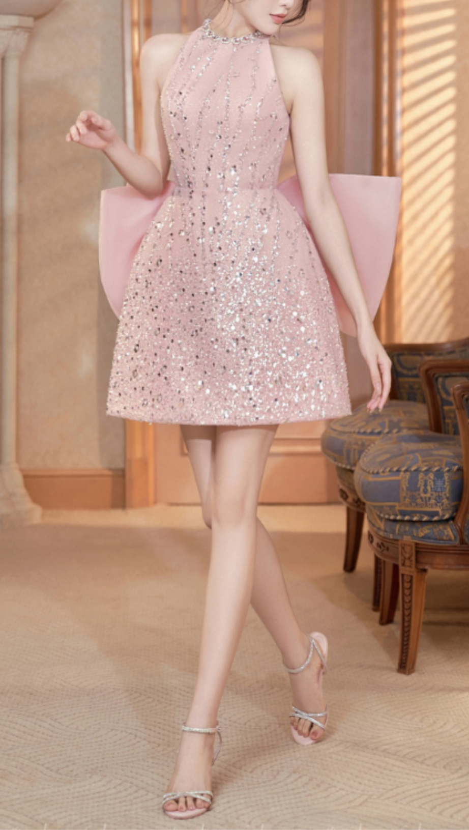 SHORT CAMISOLE DRESS WITH BOW BACK IN PINK