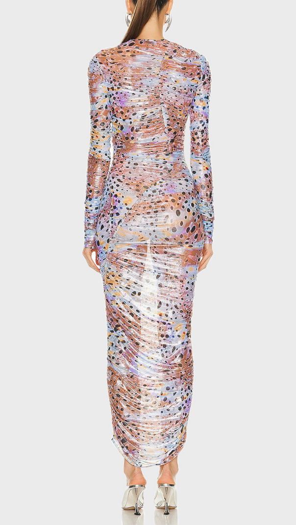 AIIZIE LONG SLEEVE MIDI DRESS IN SHEER BLACK DOTS SILVER - product image